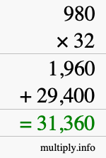 How to calculate 980 times 32 using long multiplication