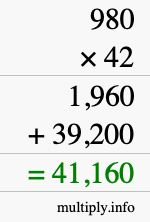 How to calculate 980 times 42 using long multiplication