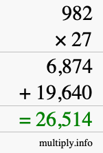 How to calculate 982 times 27 using long multiplication