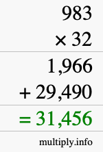How to calculate 983 times 32 using long multiplication