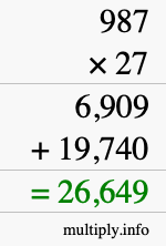 How to calculate 987 times 27 using long multiplication