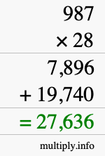 How to calculate 987 times 28 using long multiplication
