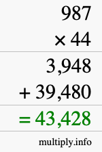 How to calculate 987 times 44 using long multiplication
