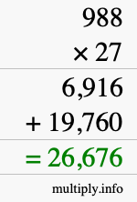 How to calculate 988 times 27 using long multiplication