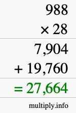 How to calculate 988 times 28 using long multiplication