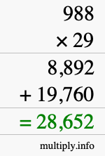 How to calculate 988 times 29 using long multiplication