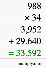 How to calculate 988 times 34 using long multiplication