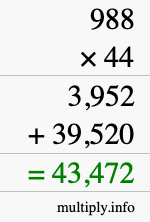 How to calculate 988 times 44 using long multiplication