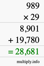 How to calculate 989 times 29 using long multiplication