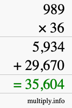 How to calculate 989 times 36 using long multiplication