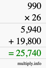 How to calculate 990 times 26 using long multiplication