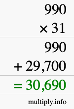 How to calculate 990 times 31 using long multiplication