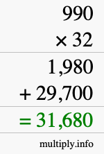 How to calculate 990 times 32 using long multiplication