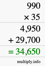 How to calculate 990 times 35 using long multiplication