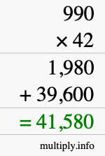 How to calculate 990 times 42 using long multiplication