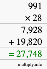 How to calculate 991 times 28 using long multiplication