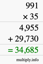 How to calculate 991 times 35 using long multiplication