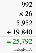 How to calculate 992 times 26 using long multiplication