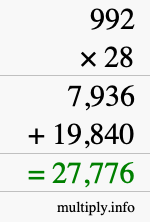 How to calculate 992 times 28 using long multiplication