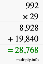 How to calculate 992 times 29 using long multiplication