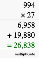 How to calculate 994 times 27 using long multiplication