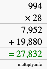 How to calculate 994 times 28 using long multiplication