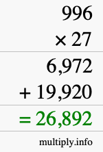How to calculate 996 times 27 using long multiplication