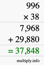 How to calculate 996 times 38 using long multiplication
