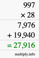 How to calculate 997 times 28 using long multiplication