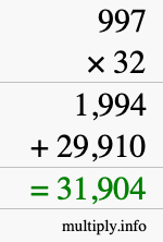 How to calculate 997 times 32 using long multiplication