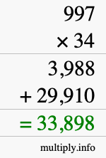 How to calculate 997 times 34 using long multiplication