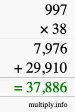 How to calculate 997 times 38 using long multiplication