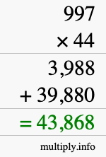 How to calculate 997 times 44 using long multiplication
