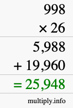 How to calculate 998 times 26 using long multiplication