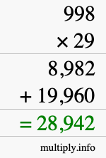 How to calculate 998 times 29 using long multiplication