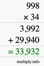 How to calculate 998 times 34 using long multiplication