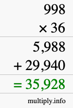 How to calculate 998 times 36 using long multiplication