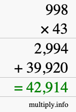 How to calculate 998 times 43 using long multiplication