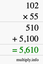 How to calculate 102 times 55 using long multiplication