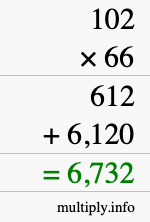 How to calculate 102 times 66 using long multiplication