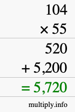 How to calculate 104 times 55 using long multiplication