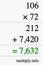 How to calculate 106 times 72 using long multiplication