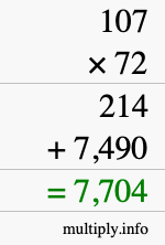 How to calculate 107 times 72 using long multiplication