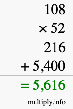 How to calculate 108 times 52 using long multiplication