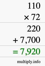 How to calculate 110 times 72 using long multiplication