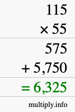 How to calculate 115 times 55 using long multiplication