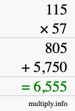 How to calculate 115 times 57 using long multiplication