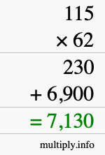 How to calculate 115 times 62 using long multiplication How to calculate 115 times 62 using long multiplication