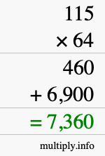 How to calculate 115 times 64 using long multiplication