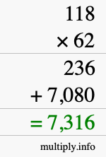 How to calculate 118 times 62 using long multiplication